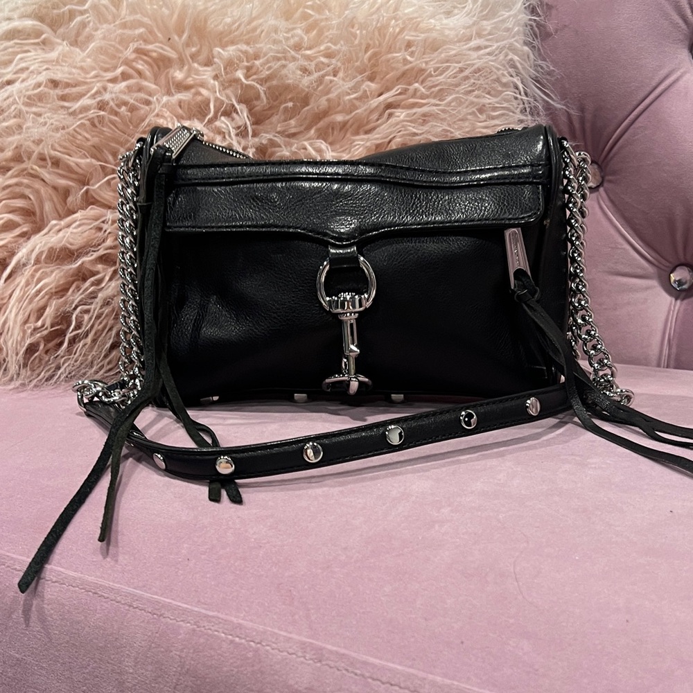 Rebecca Minkoff Black Leather Crossbody Bag with Silver Chain